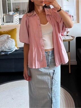 Free People Pink Puff-Sleeve Button Front Shirt (S)